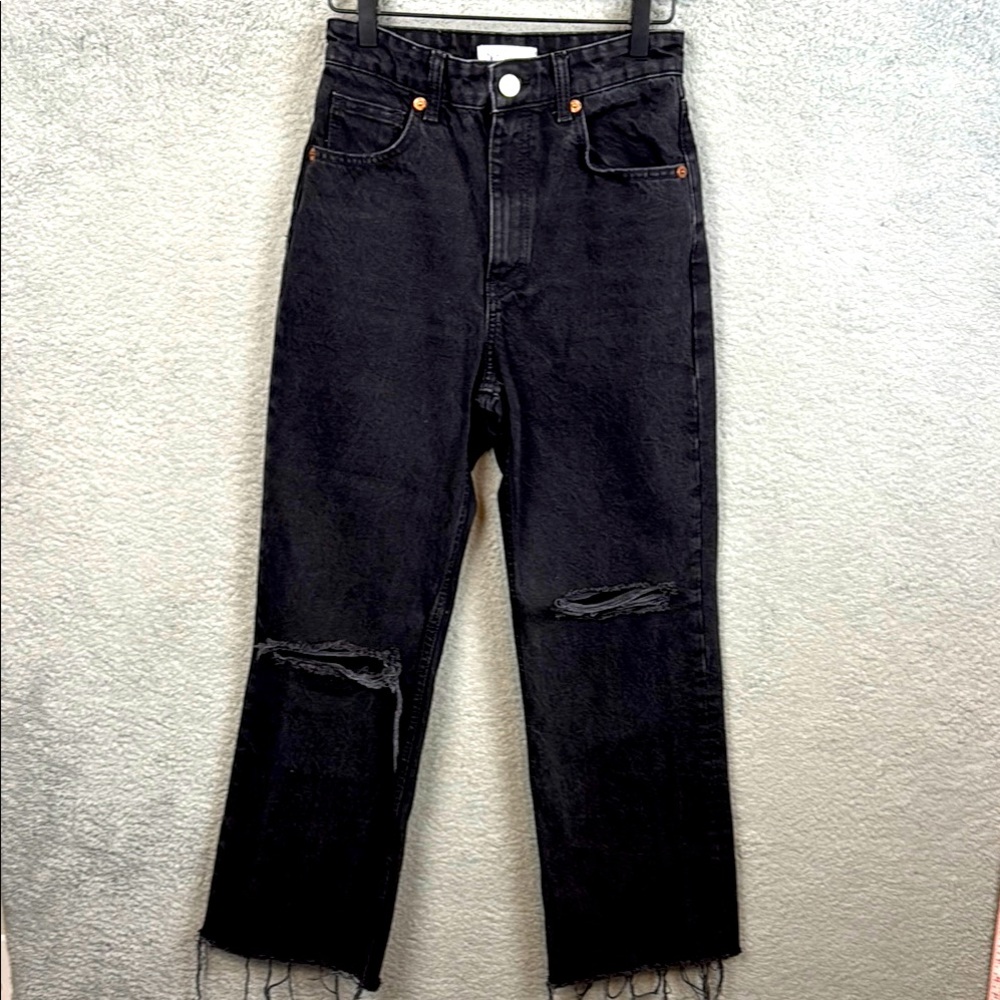 Zara Black Denim Jeans High Rise Wide Leg Raw Hem Rigid 100% Cotton Size 4
